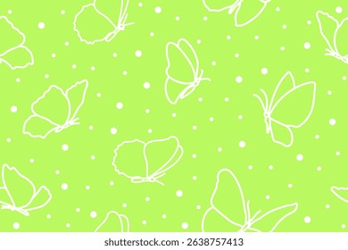 White contour drawing of butterflies on a green background. Seamless pattern under clipping mask, convenient for editing. The background color can be easily replaced. Summer background for decor.