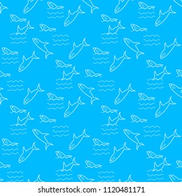 White contour fishes on blue background. Simple seamless pattern
