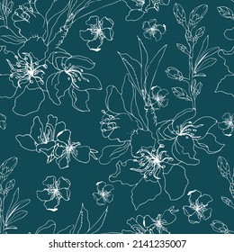 White contour flowers on a blue background. Seamless vector floral pattern for fabric and paper for decoration