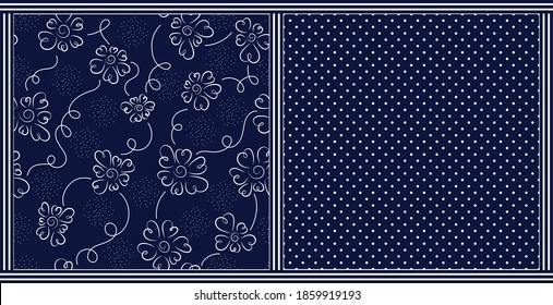 White contour flowers on dark blue background with tendrils and white dots. Floral seamless pattern with additional polka dot pattern. Doodle vector graphics. 