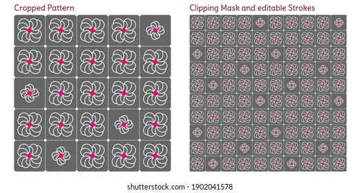White contour flowers with pink middle on gray background. Simple geometric pattern with square dotted grid. Seamless regular pattern. Vector, editable strokes.
