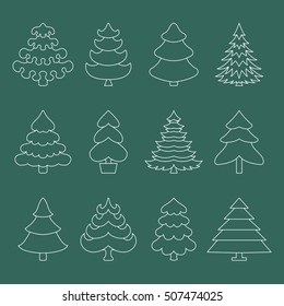  White contour icons. Christmas trees on a green background.