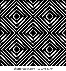 White contour ink squares and rhombuses isolated on black background. Monochrome geometric seamless pattern. Vector flat graphic hand drawn illustration. Texture.