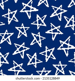 White contour ink stars isolated on dark blue background. Cute monochrome geometric starry seamless pattern. Vector simple flat graphic hand drawn illustration. Texture.
