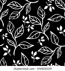 White contour of leaves on a black background. Seamless patterns.