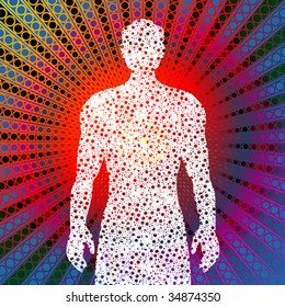white contour of man on an abstract background from circles