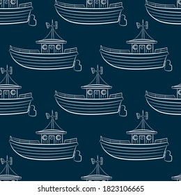 White contour old motor boats isolated on dark blue background. Cute seamless pattern. Side view. Vector flat graphic hand drawn illustration. Texture.