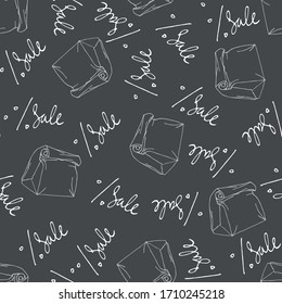 White contour paper bag for shopping and inscription sale Seamless pattern. Black white sketch. Blackboard. Vector doodle illustration. Digital paper