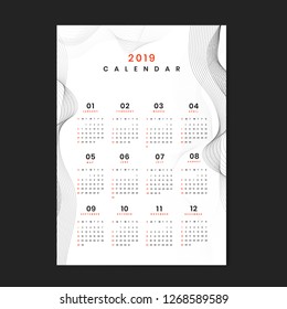 Weißer konturgemusterter Kalender 2019, Vektorgrafik