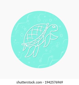 White contour of a sea turtle on the background of a turquoise circle. Bubbles, waves, sea water. Vector design clipart illustration. EPS 10.