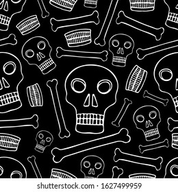 White contour skulls and bones on a black background. Seamless pattern. Monochrome silhouette. Vector hand drawing. Texture.