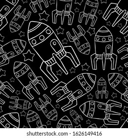 White contour space rockets on a black background. Seamless pattern. Vector hand drawing. Texture.