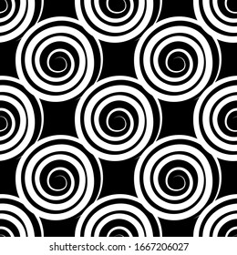 White contour spirals isolated on black background. Seamless pattern. Vector graphic drawing. Texture.