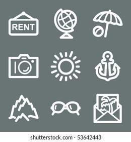 White contour travel web icons on grey set 5