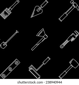 White contour vector icons for hand tools. Set of white contour vector icons for construction or repair hand tools on black background.