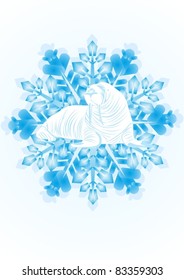 White contour walrus on the snowflake. The illustration on white background.