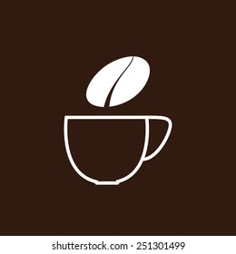 White contoured cup of coffee and white steam in the shape of grain isolated on brown background. Logo template