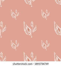 White contoured leaves branches seamless pattern in abstract style. Pink background. Graphic design for wrapping paper and fabric textures. Vector Illustration.