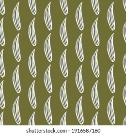 White contoured lily of the valley leaf shapes seamless pattern. Green olive background. Simple design. Stock illustration. Vector design for textile, fabric, giftwrap, wallpapers.