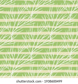 White contoured minimalistic tree branches silhouettes seamless pattern. Light green striped background. Perfect for fabric design, textile print, wrapping, cover. Vector illustration.