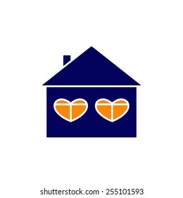 White contoured navy house with roof and chimney on it, tow big windows in the shape of hearts and orange light in them isolated on white background. New house concept. House logo template