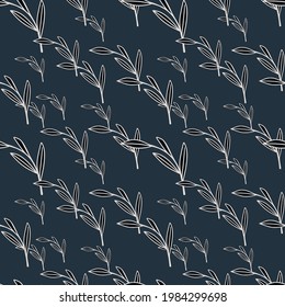 White contoured outline leaves branches silhouettes random seamless pattern. Black background. Perfect for fabric design, textile print, wrapping, cover. Vector illustration.