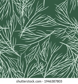 White contoured tree branches elements seamless doodle pattern. Random print. Green dark background. Perfect for fabric design, textile print, wrapping, cover. Vector illustration.