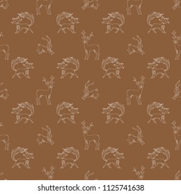 White contours of deer, fox and hare on colored background. Duotone boundless background for your design.