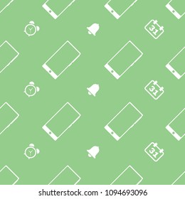 White contours of flat smartphones, alarms, bells and calendars on a green background. Seamless pattern.