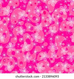 White contours of flowers on a pink background. Decorative seamless pattern on fabric or wrapping paper.