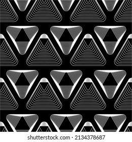 White contours of triangles, with rounded corners, nested in each other, arranged in rows on a black background. Seamless geometric pattern for packaging, business. Vector illustration.