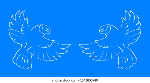 White contours of two small birds with spread wings on a blue background. Vector illustration.