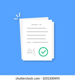 white contract document like treaty. flat cartoon smart trend modern company statement or v logotype graphic design isolated on blue background. concept of announcement card or request to summary