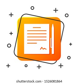 White Contract with pen icon isolated on white background. File icon. Checklist icon. Business concept. Orange square button. Vector Illustration