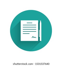 White Contract with pen icon isolated with long shadow. File icon. Checklist icon. Business concept. Green circle button. Vector Illustration