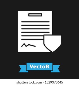 White Contract with shield icon isolated on black background. Insurance concept. Security, safety, protection, protect concept.  Vector Illustration