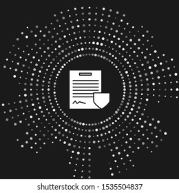 White Contract with shield icon isolated on grey background. Insurance concept. Security, safety, protection, protect concept. Abstract circle random dots. Vector Illustration