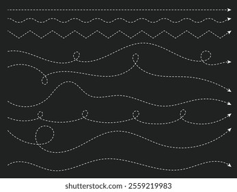 white contrast long squiggle dashed line, dotted line arrow vector icon set for direction, path, guideline and more