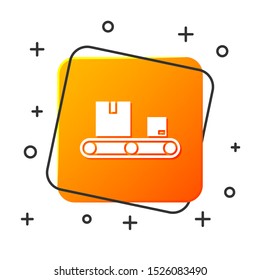 White Conveyor belt with cardboard box icon isolated on white background. Orange square button. Vector Illustration