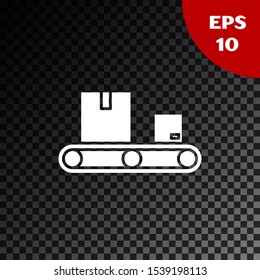 White Conveyor belt with cardboard box icon isolated on transparent dark background.  Vector Illustration