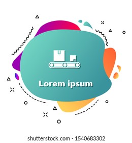 White Conveyor belt with cardboard box icon isolated on white background. Abstract banner with liquid shapes. Vector Illustration