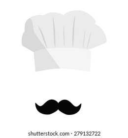 White cook hat, chef hat with black mustache. Cook hat vector icon. Restaurant chef.