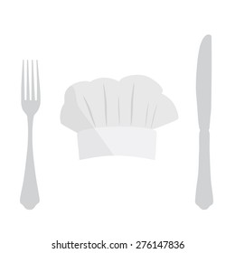 White cook hat with knife and fork vector icon. Chef hat.  Cooking symbols