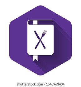 White Cookbook icon isolated with long shadow. Cooking book icon. Recipe book. Fork and knife icons. Cutlery symbol. Restaurant symbol. Purple hexagon button. Vector Illustration