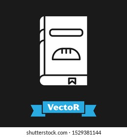 White Cookbook icon isolated on black background. Cooking book icon. Recipe book. Fork and knife icons. Cutlery symbol.  Vector Illustration