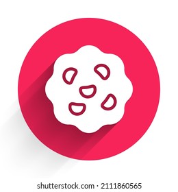 White Cookie or biscuit with chocolate icon isolated with long shadow background. Red circle button. Vector