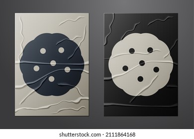 White Cookie or biscuit with chocolate icon isolated on crumpled paper background. Paper art style. Vector