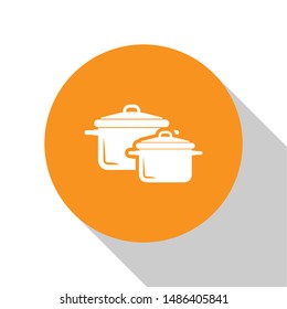 White Cooking pot icon isolated on white background. Boil or stew food symbol. Orange circle button. Vector Illustration