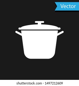 White Cooking pot icon isolated on black background. Boil or stew food symbol.  Vector Illustration