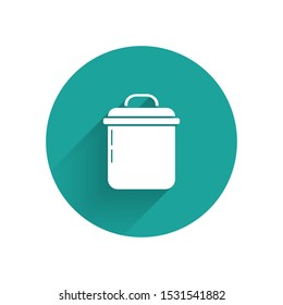 White Cooking pot icon isolated with long shadow. Boil or stew food symbol. Green circle button. Vector Illustration